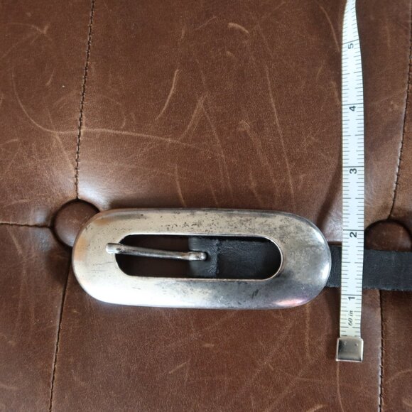 Streets Ahead belt black leather and large oval silver buckle size ITALY $185 S main image 4
